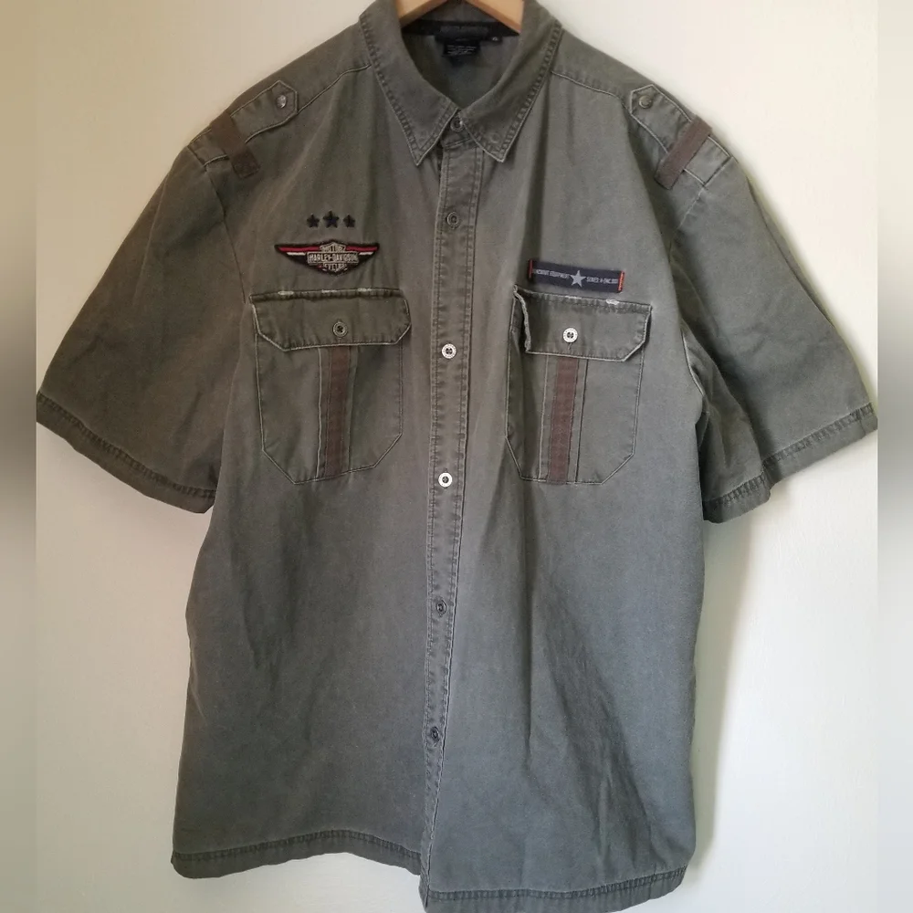 Harley Davidson Gray Embroidered Patched Military Style Button Shirt Motorcycle - Picture 1 of 7
